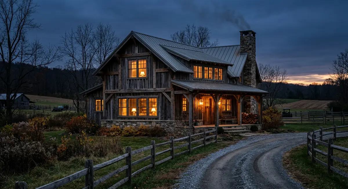 One of the farm's guest homes at dusk